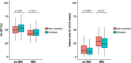 Differences in left ventricular ejection fraction (%) and IS% in the intramyocardial haemorrhage and non-intramyocardial haemorrhage group between smokers and non-smokers.