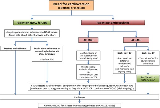 Cardioversion work-flow in AF patients treated with NOACs, depending on the duration of the arrhythmia and prior anticoagulation.