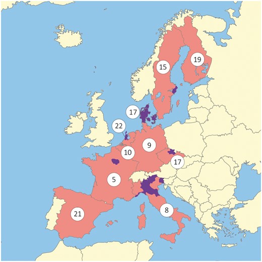 Large differences in survival rates after sudden cardiac arrest across Europe. Countries in orange indicate study sites of ESCAPE-NET; the catchment areas in these countries are indicated in purple. Numbers indicate survival rates (%) at hospital discharge of patients in whom cardiopulmonary resuscitation was attempted as reported in the EuReCa One Registry (survival rates in that registry were analysed in entire countries or parts thereof).