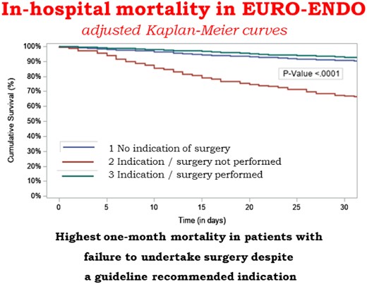 Prognosis of infective endocarditis is dismal when cardiac surgery is indicated but not performed (adjusted Kaplan–Meier curve).