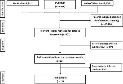 Summary of how the systematic search was conducted and eligible studies were identified (PRISMA flow diagram). Pubmed, Embase and Web of Science search strategies are illustrated in Supplementary material online, Figures S1 –S3. 