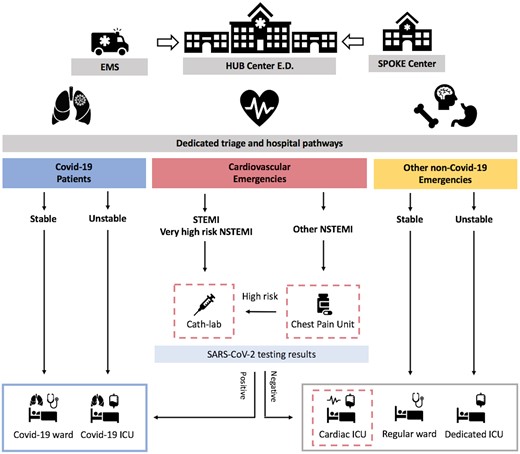 Reorganization of emergency department and hospital paths during COVID-19 pandemic in hub centres for an STEMI/NSTEMI network. In a hub centre for an STEMI/NSTEMI network in the emergency department, dedicated different entry points and triage as well as hospital pathways and wards are advocated for patients with diagnosed or suspected of having COVID-19 because of symptoms (blue), cardiovascular emergencies without diagnosed or suspected COVID-19 (red), and other emergencies without diagnosed or suspected COVID-19 (yellow). All patients admitted to the cardiovascular emergency triage for ACS should receive SARS-CoV-2 testing. Patients with STEMI or very high risk NSTEMI should be immediately referred to the cathlab, while those in the other NSTEMI risk categories should be referred to a dedicated chest pain unit before SARS-CoV-2 testing results are available. Patients should be further managed according to SARS-CoV-2 testing. The red dotted lines highlight the dedicated units for the management of ACS patients.