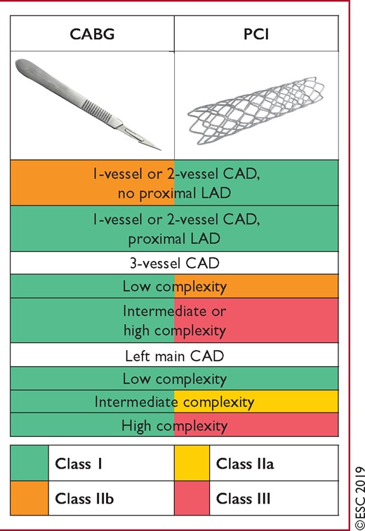Recommendations for coronary revascularization. SYNTAX score calculation: http://www.syntaxscore.com. CABG = coronary artery bypass grafting; CAD = coronary artery disease; High complexity = SYNTAX score ≥33; Intermediate complexity = SYNTAX score 23–32; LAD = left anterior descending coronary artery; Low complexity = SYNTAX score 0–22; PCI = percutaneous coronary intervention; SYNTAX = Synergy between Percutaneous Coronary Intervention with TAXUS and Cardiac Surgery.