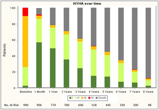 New York Heart Association class changes over time (from Testa L, Latib A, Brambilla N, De Marco F, Fiorina C, Adamo M, Giannini C, Angelillis M, Barbanti M, Sgroi C, Poli A, Ferrara E, Bruschi G, Russo CF, Matteo M, De Felice F, Musto C, Curello S, Colombo A, Tamburino C, Petronio AS, Bedogni F. Long-term clinical outcome and performance of transcatheter aortic valve replacement with a self-expandable bioprosthesis. See pages 1876–1886).