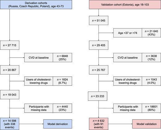 Flowchart illustrating participant selection into the derivation and validation datasets. CVD, cardiovascular disease.