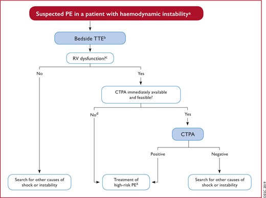 Diagnostic algorithm for patients with suspected high-risk pulmonary embolism presenting with haemodynamic instability. CTPA = computed tomography pulmonary angiography; CUS = compression ultrasonography; DVT = deep vein thrombosis; LV = left ventricle; PE = pulmonary embolism; RV = right ventricle; TOE = transoesophageal echocardiography; TTE = transthoracic echocardiogram. aSee Table 4 for definition of haemodynamic instability and high-risk PE. bAncillary bedside imaging tests may include TOE, which may detect emboli in the pulmonary artery and its main branches; and bilateral venous CUS, which may confirm DVT and thus VTE. cIn the emergency situation of suspected high-risk PE, this refers mainly to a RV/LV diameter ratio >1.0; the echocardiographic findings of RV dysfunction, and the corresponding cut-off levels, are graphically presented in Figure 3, and their prognostic value summarized in Supplementary Data Table  3. dIncludes the cases in which the patient's condition is so critical that it only allows bedside diagnostic tests. In such cases, echocardiographic findings of RV dysfunction confirm high-risk PE and emergency reperfusion therapy is recommended