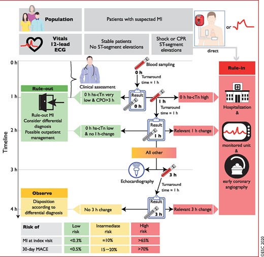 Timing of the blood draws and clinical decisions when using the European Society of Cardiology 0 h/1 h algorithm. 0 h and 1 h refer to the time points at which blood is taken. The turn-around time is the time period from blood draw to reporting back the results to the clinician. It is usually about 1 h using an automated platform in the central laboratory. It includes transport of the blood tube to the lab, scanning of the probe, centrifugation, putting plasma on the automated platform, the analysis itself, and the reporting of the test result to the hospital information technology/electronic patient record. The turn-around time is identical whether using a hs-cTn assay vs. a conventional assay, as long as both are run on an automated platform. Adding the local turn-around time to the time of blood draw determines the earliest time point for clinical decision making based on hs-cTn concentrations. e.g. for the 0 h time point, time to decision is at 1 h if the local turn-around time is 1 h. For the blood drawn at 1 h, the results are reported back at 2 h (1 h + 1 h) if the local turn-around time is 1 h. Relevant 1 h changes are assay dependent and listed in Table 3. CPO = chest pain onset; CPR = cardiopulmonary resuscitation; ECG = electrocardiogram/electrocardiography; hs-cTn = high-sensitivity cardiac troponin; MACE = major adverse cardiovascular events; MI = myocardial infarction. Listen to the audio guide of this figure online.