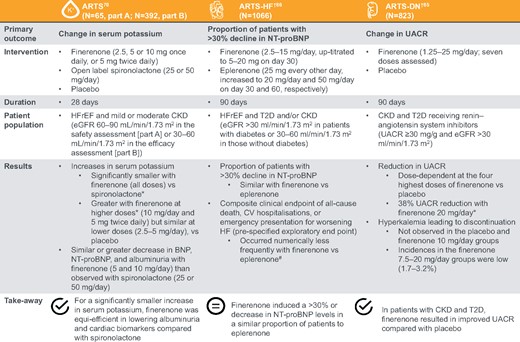 Key results of the ARTS, ARTS-HF, and ARTS-DN Phase II studies. *Significant (P ≤ 0.001); #Nominal statistical significance in the finerenone 10–20 mg group (hazard ratio = 0.56, 95% confidence interval 0.35; 0.90, P = 0.02). CV, cardiovascular; CKD, chronic kidney disease; eGFR, estimated glomerular filtration rate; HFrEF, heart failure with reduced ejection fraction; NT-proBNP, N-terminal pro-B-type natriuretic peptide; T2D, Type 2 diabetes; UACR, urine albumin-to-creatinine ratio.