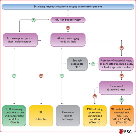 Flowchart for evaluating magnetic resonance imaging in pacemaker patients. MRI = magnetic resonance imaging; SAR = specific absorption rate. aConsider only if there is no imaging alternative and the result of the test is crucial for applying life-saving therapies for the patient.