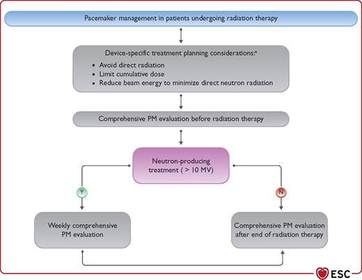 Pacemaker management during radiation therapy ECG = electrocardiographic; PM = pacemaker. aRelocation of the device, continuous ECG monitoring, reprogramming, or magnet application are very rarely indicated.