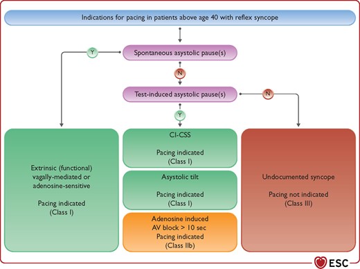 Summary of indications for pacing in patients >40 years of age with reflex syncope. CI-CSS = cardioinhibitory carotid sinus syndrome. Note: spontaneous asystolic pause = 3 s symptomatic or 6 s asymptomatic. Adapted from Brignole et al.62