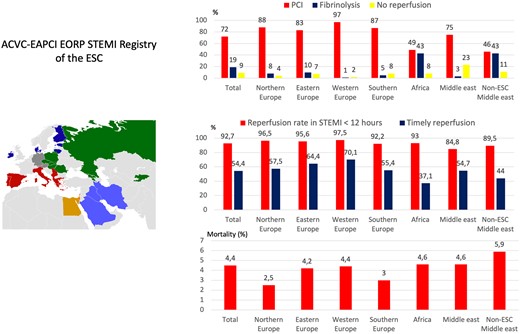 Graphical Abstract (from Zeymer U, Ludman P, Danchin N, Kala P, Laroche C, Sadeghi M, Caporale R, Shaheen SM, Legutko J, Iakobsishvili Z, Alhabib KF, Motovska Z, Studencan M, Mimoso J, Becker D, Alexopoulos D, Kereseselidze Z, Stojkovic S, Zelveian P, Goda A, Mirrakhimov E, Bajraktari G, Al-Farhan H, Śserpytis P, Raungaard B, Marandi T, Moore AM, Quinn M, Karjalainen PP, Tatu-Chitolu G, Gale CP, Maggioni AP, Weidinger F. Reperfusion therapies and in-hospital outcomes for ST-elevation myocardial infarction in Europe: the ACVC-EAPCI EORP STEMI Registry of the European Society of Cardiology. See pages 4536–4549).