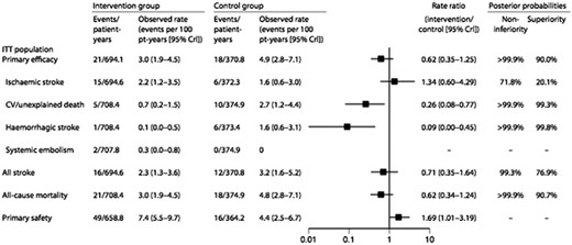 Outcomes in the pivotal Left Atrial Appendage System Embolic Protection in Patients with Atrial Fibrillation (PROTECT AF) trial.53 CV, cardiovascular; ITT, intention-to-treat (Reproduced from Piccini JP, Sievert H, Patel MR: Left atrial appaendage occlusion: rationale, evidence, devices and patient selection. Eur. Heart J, 2017;38: 869–876., with permission).