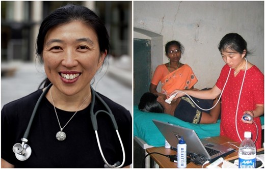 Clara Chow (left), and at work in a village setting in Andhra Pradesh, India.