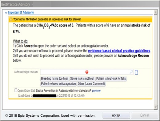 Nudge example in cardiovascular medicine. One recent example is taken from the AF-ALERT trial,4 which used a pop-up clinical decision support systems alert to nudge clinician behaviour whenever trigger conditions were met.