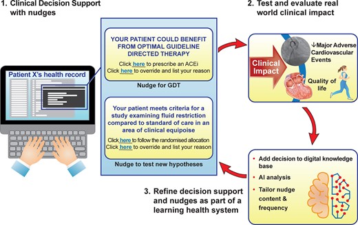 Schematic of a future learning health system with nudge, clinical decision support systems (CDSS), and artificial intelligence-powered analyses forming core parts of the learning cycle. Nudges within the CDSS can be used to either promote better adherence of guideline-directed therapy or test new hypotheses whenever there is clinical equipoise, identified through variation in clinical practice owing to the lack of robust evidence in that context. Although a simple A vs. B randomized controlled trial choice has been presented (fluid restriction vs. standard of care), multiple arms and an adaptive design could be built. Clinical outcomes could include patient-reported outcome measures. The presentation of nudges can be adjusted as new clinical insights are generated either within the local system or externally through data linkage. ACEi, angiotensin-converting enzyme inhibitor; GDT, guideline-directed therapy.