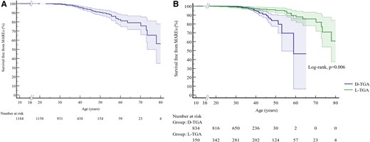 Survival free from major adverse ventricular arrhythmias and related events in the entire population of patients with a systemic right ventricle (A), and in patients with transposition of the great arteries palliated by atrial switch and congenitally corrected transposition of the great arteries (B). Entry time was defined as age at the beginning of the follow-up, exit time was defined as age at death, age at major adverse ventricular arrhythmias and related events, or age at the end of follow-up. Shaded areas correspond to 95% confidence intervals.