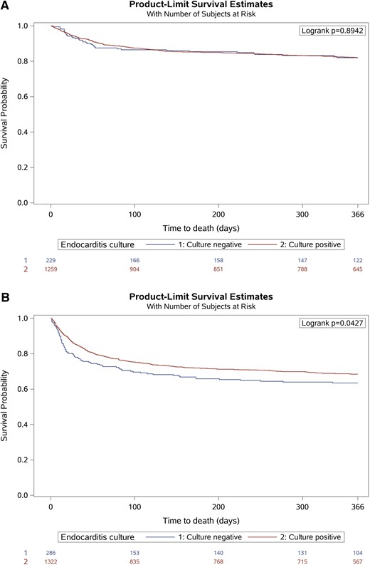 Kaplan–Meier curves demonstrating freedom from mortality during follow-up in patients with culture-positive and culture-negative endocarditis treated with (A) medical therapy alone and (B) cardiac surgery during index hospitalization.