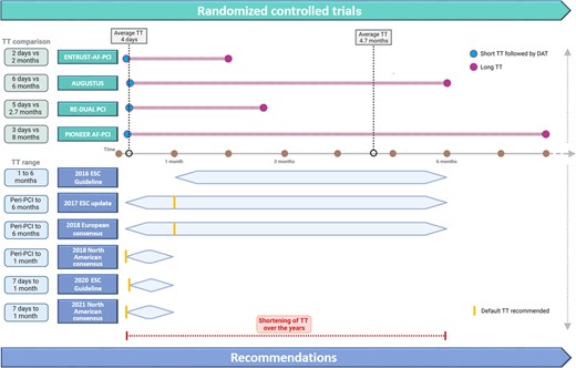 Randomised controlled trials and changes in the recommendation on the use of antithrombotic therapy among patients with atrial fibrillation and acute coronary syndrome or undergoing percutaneous coronary intervention. Upper section: The four RCTs compared very short NOAC-based TT(lasting on average 4 days) versus prolonged VKA-based TT regimen (lasting on average 4.7 months). Lower section: European consensuses and guidelines recommended TT duration up to 6 months before 2018 and up to 1 month after 2018. Specifically, the 2016 ESC Guideline recommended 1 to 6 month TT after PCI among ACS patients according to bleeding risk and 1-month TT among CCS patients; the 2017 ESC dual antiplatelet therapy update and the 2018 Joint European consensus recommended 1 month TT as default strategy peri-PCI and up to 6 months TT according to bleeding and ischaemic risks; the 2018 and 2021 North American consensuses recommended peri-PCI TT as default strategy and up to 1 month TT according to bleeding and ischaemic risks; the 2020 ESC Guideline recommended 1-week TT as default strategy and up to 1 month TT according to bleeding and ischaemic risks. Abbreviations: TT, triple therapy; DAT, double antithrombotic therapy; PCI, percutaneous coronary intervention; ESC, European Society of Cardiology; RCT, randomised controlled trial; NOAC, non-vitamin K antagonist; VKA, vitamin k antagonist; ACS, acute coronary syndrome; CCS, chronic coronary syndrome.
