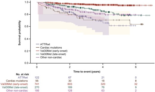 A Kaplan–Meier survival curve by genotype for subject death. The 95% Hall–Wellner bands and Cox proportional hazards model are adjusted by age and sex (χ2 log rank: P < 0.0001). Survival curves are from enrolment in THAOS.
