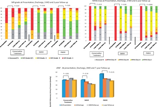Clinical and echocardiographic evaluation in the study groups at presentation, discharge, 3-month (MO) follow-up and 1-year follow-up. (A) Mitral regurgitation (MR) was significantly reduced from presentation to discharge in the intervention groups (surgical mitral valve repair or replacement and percutaneous mitral valve repair) but not in the conservative group. (B) New York Heart Association (NYHA) class was significantly improved from presentation to discharge in the intervention groups (surgical mitral valve repair or replacement and percutaneous mitral valve repair) but not in the conservative group. (C) Systolic pulmonary artery pressure (sPAP) was significantly reduced from presentation to discharge in percutaneously treated patients. PMVR, percutaneous mitral valve repair; SMVR, surgical mitral valve repair or replacement.