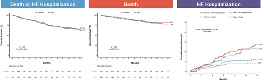 Kaplan–Meier curves of clinical outcomes after transcatheter tricuspid valve intervention according to sex. There was no difference at 1 year in the Kaplan–Meier curves for death or heart failure hospitalization and death, nor in the cumulative incidence of heart failure hospitalization after transcatheter tricuspid valve intervention between women and men. HF, heart failure.