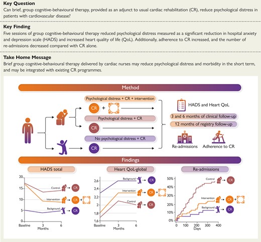 Graphical summary of the method and main findings of the present study. HADS, hospital anxiety and depression scale; HeartQoL, heart-related quality of life.