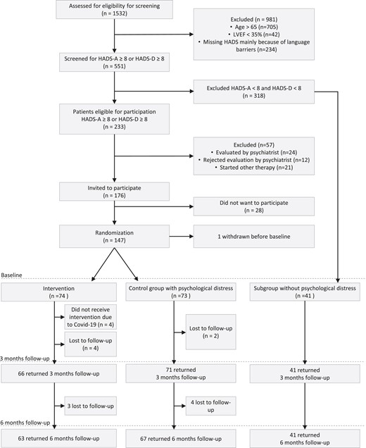 Patient flow chart. Patients in the intervention group followed cardiac rehabilitation and received five sessions of cognitive-behavioural therapy, whereas the control group followed standard cardiac rehabilitation. BDI, Beck depression inventory; CBT, cognitive-behavioural therapy; CR, cardiac rehabilitation; HADS, hospital anxiety and depression scale; HADS-A, the hospital anxiety and depression scale, anxiety subscale; HADS-D, the hospital anxiety and depression scale, depression subscale.