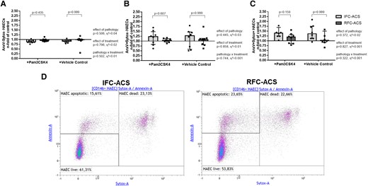 Constant rate of live (AnxV- Sytox-, A), apoptotic (AnxV+ Sytox-, B) and dead (AnxV + Sytox +, C) endothelial cells in co-culture with either Pam3CSK4 pre-treated or non-treated (vehicle control) systemic neutrophils from IFC–ACS and RFC–ACS patients; representative images of the applied gating strategy (D); repeated measures ANOVA with Bonferroni‘s multiple comparisons test; data are presented as a median with interquartile range (IQR); n = 8 per group; effect size η² after repeated measures ANOVA (small effect η² < 0.01, medium effect η² between 0.01 and 0.14, large effect η² > 0.14). Pam3CSK4, Toll-like receptor 2 ligand; AnxV, annexin V; HAECs, human aortic endothelial cells; IFC–ACS, acute coronary syndrome with intact fibrous cap; RFC–ACS, acute coronary syndrome with ruptured fibrous cap.