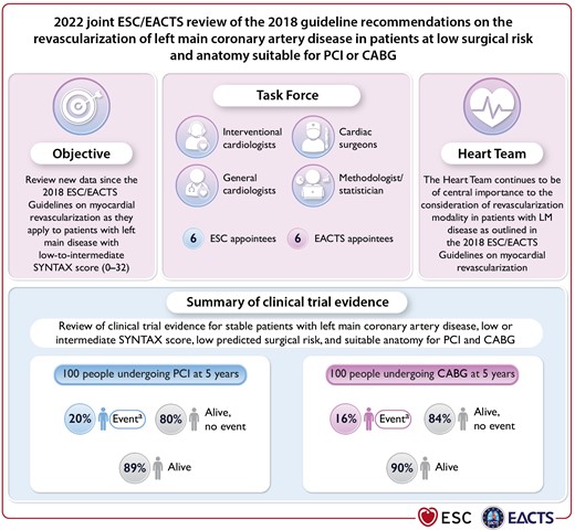 Task Force structure and summary of clinical evidence of 2022 ESC/EACTS review of the 2018 guideline recommendations on the revascularization of left main coronary artery disease. CABG, coronary artery bypass grafting; PCI, percutaneous coronary intervention; LM, left main; SYNTAX, Synergy Between Percutaneous Coronary Intervention with TAXUS and Cardiac Surgery. a‘Event’ refers to the composite of death, myocardial infarction (according to Universal Definition of Myocardial Infarction if available, otherwise protocol defined) or stroke.