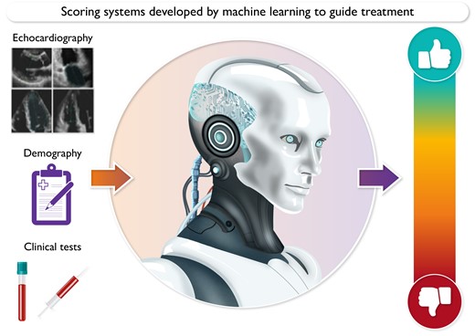 Interpretation of multiple pieces of information including imaging, blood tests and demographic information (left panel) is required for clinical decision making. Risk scores are an existing, familiar way to summarise this information and guide clinical decision making (right panel). A new generation of more accurate risk scores could be developed by machine learning (central panel) to summarise complex clinical information in scores that allow easy interpretation.