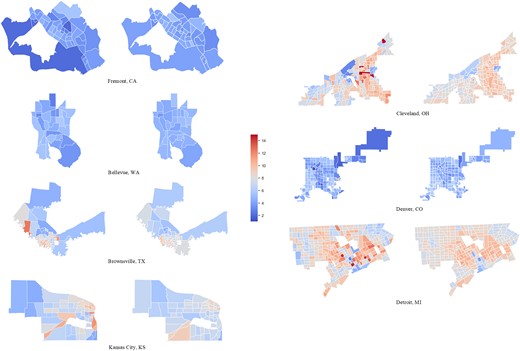 Maps of actual estimates (left) and predicted (right) CHD prevalence. The predicted CHD prevalence is obtained by averaging the results from 100 random trials based on k-fold cross-validation (with k = 10). Values are in percentage. Maps are not on the same scale. CHD, coronary heart disease