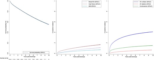 Long-term outcomes following a hospitalization for atrial fibrillation or flutter. (A) Cumulative incidence of mortality following a hospitalization for atrial fibrillation or flutter. (B) Cumulative incidence of hospitalizations for other cardiovascular events. (C) Cumulative incidence of re-hospitalizations for AF or flutter, catheter ablation of AF, and cardioversion. AF, atrial fibrillation; AMI, acute myocardial infarction; CI, confidence interval; TIA, transient ischaemic attack