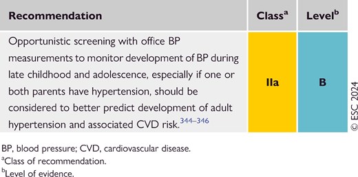 Recommendations for screening for hypertension in children and adolescents (see Evidence Table 21)
