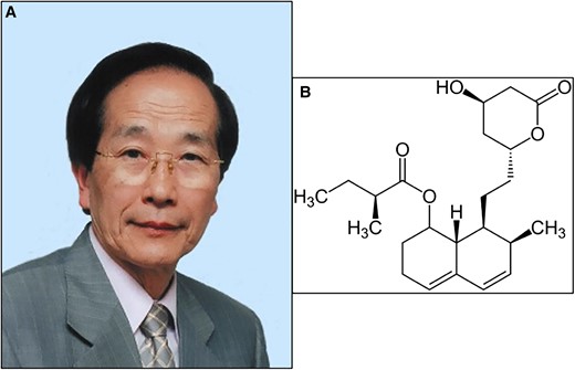 A—Dr Akira Endō (source: https://pl.wikipedia.org/wiki/Akira_End%C5%8D; no permisision required); B—compactin (mevastatin)—the first known statin discovered by Dr Akira Endō (public domain, no permission required).