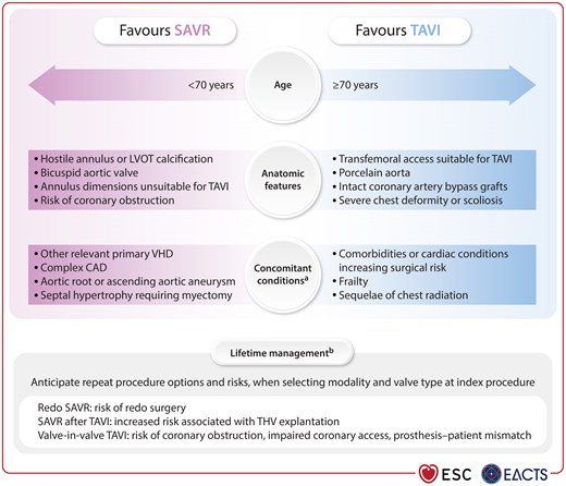 Factors to be considered when selecting the mode of intervention for aortic stenosis.