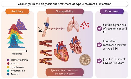 Challenges in the diagnosis and treatment of type 2 myocardial infarction relate to the multiple, often competing aetiologies and underlying disease susceptibility—both of which contribute to an integrated risk of future cardiovascular events. MI, myocardial infarction.