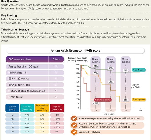 The Fontan Adult Brompton (FAB) score. NYHA, New York Heart Association; PLE, protein-losing enteropathy; SBP, systolic blood pressure; SpO2%, arterial oxygen saturation.