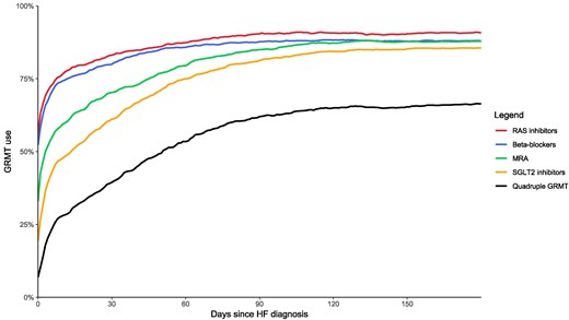 GRMT prescription rates from diagnosis until 6-month follow-up. GRMT, guideline-recommended medical therapy; RAS, renin–angiotensin system; MRA, mineralocorticoid receptor antagonist; SGLT2, sodium–glucose cotransporter 2; HF, heart failure