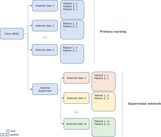 Schematic representation of primary nursing and supervised network models. HMSC, Home Monitoring Service Centre.