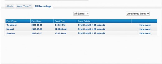 Screenshot of the wearable cardioverter defibrillator remote monitoring website where the electrocardiographic recordings can be viewed, classified according to the following categories: ‘baseline’ (acquisition of the electrocardiographic signal upon delivery of the device), ‘manual’ recording (initiated by patient), ‘automatic’ recording (arrhythmias that did not lead to the delivery of a shock), ‘treatment’ (arrhythmias with shock delivery), and ‘asystole’.