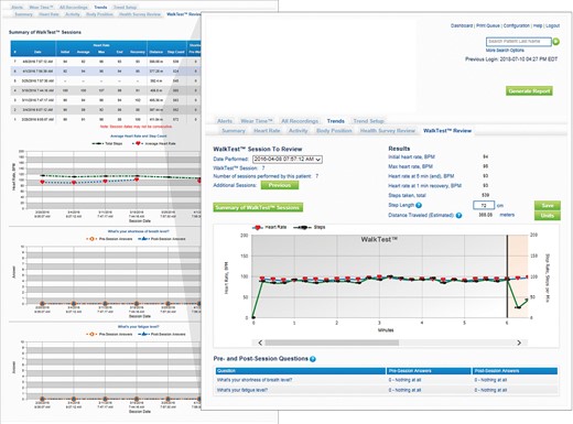 Screenshot of the wearable cardioverter defibrillator’s remote monitoring website showing the results of the walk test in terms of distance travelled and heart rate trend during the individual test (right) and the variations over time between different walk tests performed for the parameters distance travelled and average heart rate (left).