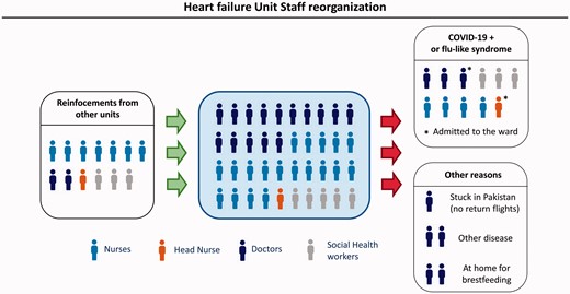 Changes in the heart failure unit staff organisation due to direct and indirect consequences of the Covid-19 pandemic. Colours identify different roles in the unit: blue, doctors; light blue, nurses; orange, head nurse; grey, social health workers.