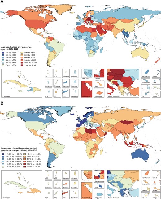 The global disease burden of heart failure for both sexes in 195 countries and territories. (A) Age-standardized prevalence rate of heart failure in 2017. (B) Percentage change in age-standardized prevalence rate of heart failure, 1990–2017. ATG, Antigua and Barbuda; FSM, Federated States of Micronesia; Isl, Islands; LCA, Saint Lucia; TLS, Timor-Leste; TTO, Trinidad and Tobago; VCT, Saint Vincent and the Grenadines.