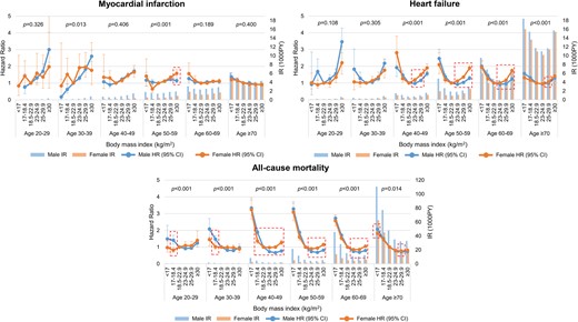 Age-dependent associations of body mass index with myocardial infarction, heart failure, and all-cause death: stratified by sex. For each body mass index group, incidence rates per 1000 person-years are shown in bar charts mapped to the right y-axis, and hazard ratios and 95% confidence intervals with the optimal normal-weight (18.5–22.9 kg/m2) group as reference are shown in line graphs mapped to the left y-axis. P-for-interaction values in each age group are shown. Significantly different hazard ratios and 95% confidence intervals are indicated by dotted boxes. Adjusted for age, smoking status, drinking status, physical activity level, hypertension, diabetes mellitus, dyslipidaemia, and chronic kidney disease.