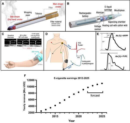 (A and B) Schematic construction of tobacco cigarette and e-cigarette. With permission from Münzel et al.,4 copyright © 2020, Oxford University Press. Overview on methods to assess vascular and endothelial function: (C) flow-mediated dilation, (D) pulse transit time, and (E) augmentation index (AIx) from aortic pressure pulse wave (upper) and peripheral arterial pressure pulse wave (lower). NTG, nitroglycerin; NDD, nitroglycerin-dependent dilation; AP, augmentation pressure; PP, pulse pressure; P1, the amplitude of the early systolic peak; P2, the amplitude of the late systolic peak. With permission from Daiber et al.,23 © 2016 The British Pharmacological Society (C) and Shimizu and Kario,24 copyright © 2008, SAGE Publications (E). (F) Yearly revenue from e-cigarette sales. Approximated from https://www.statista.com/forecasts/1178429/europe-revenue-in-the-e-cigarette-market (accessed 7 November 2022).