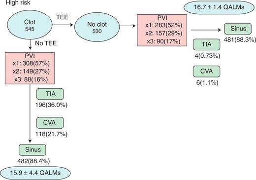 Monte Carlo results for high-risk patients. Results are shown for Monte Carlo simulation restricted to high-risk patients, as defined by the presence of pre-existing clot in the left atrium. AF, atrial fibrillation; CVA, cerebrovascular accident; PVI, pulmonary vein isolation; QALMs, quality-adjusted life months; TEE, transoesophageal echocardiogram; TIA, transient ischemic attack.