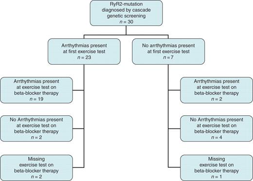 Study population overview. Overview of cascade genetic screening and findings by exercise test in 30 CPVT mutation carriers.
