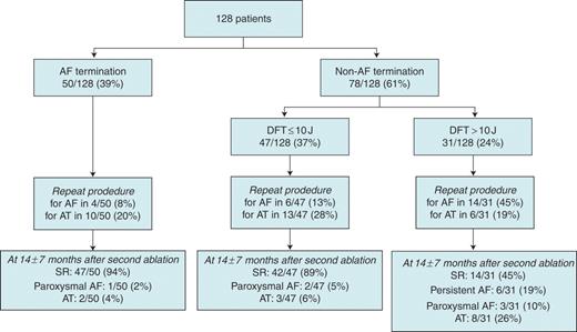 Patient flow diagram. AF, atrial fibrillation; SR, sinus rhythm; AT, atrial tachycardia; DFT, defibrillation threshold.