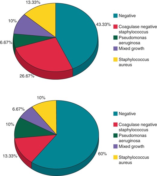 Microbiology culture results—Pie-charts showing microbiology results in wound (top) and blood (bottom) culture results for all CDIs.